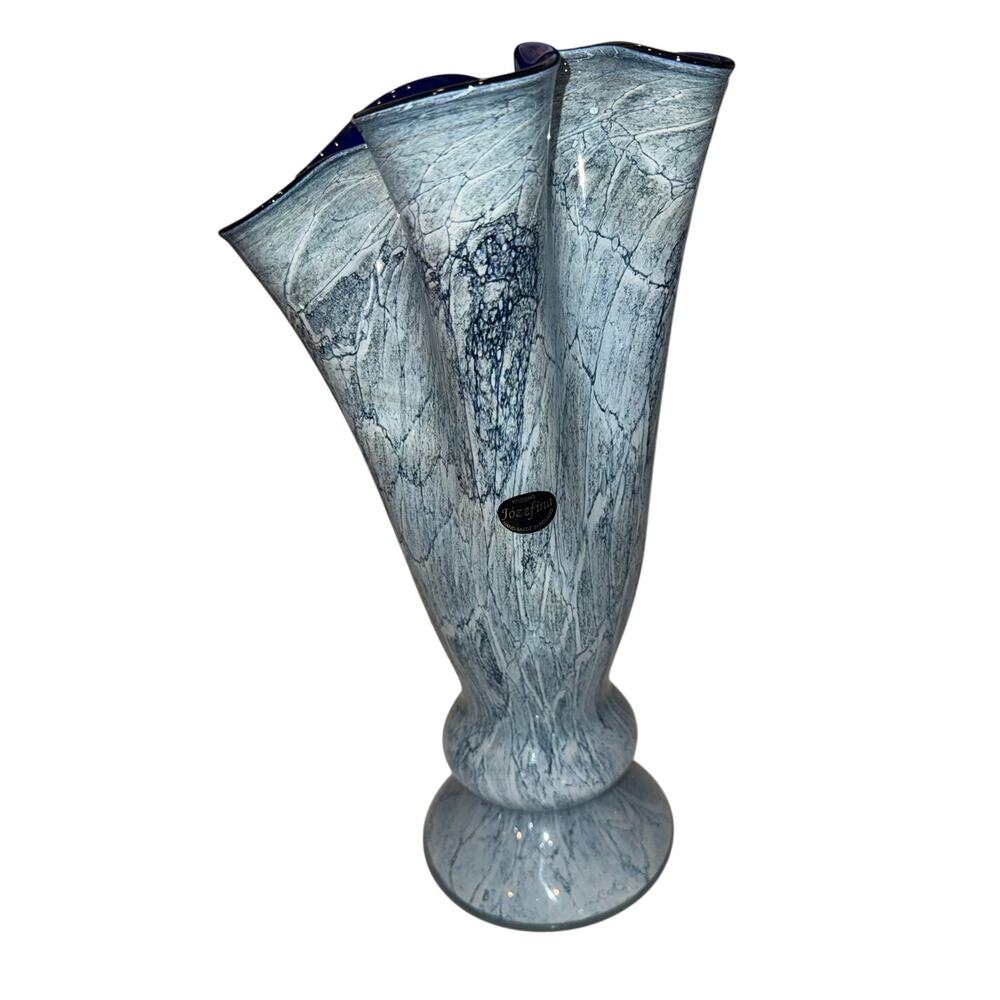 Krosno Jozefina Blue Marbled Vase Glass Triple Cased Handkerchief - Picture 8 of 9